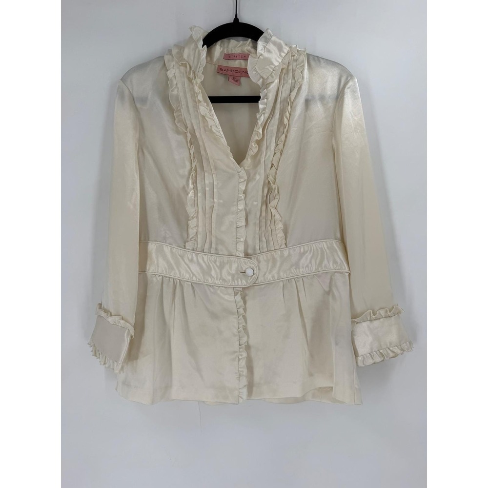 Vintage Y2K Edwardian Inspired Satin Ruffle Blouse Ivory Romantic Coquette - Picture 2 of 9